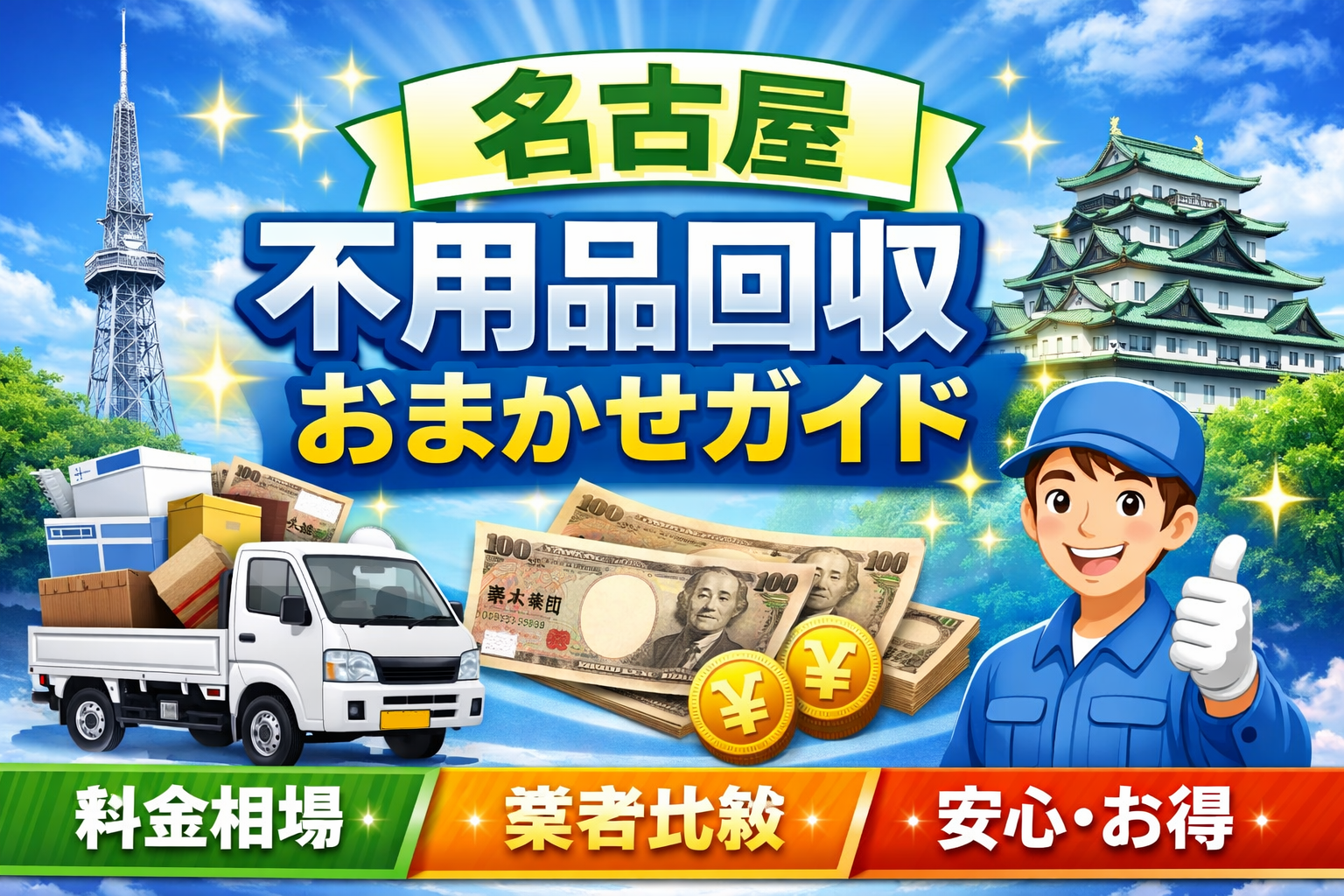 名古屋の不用品回収サービスを紹介するアイキャッチ画像。料金相場・業者比較・安心・お得の3要素を強調。