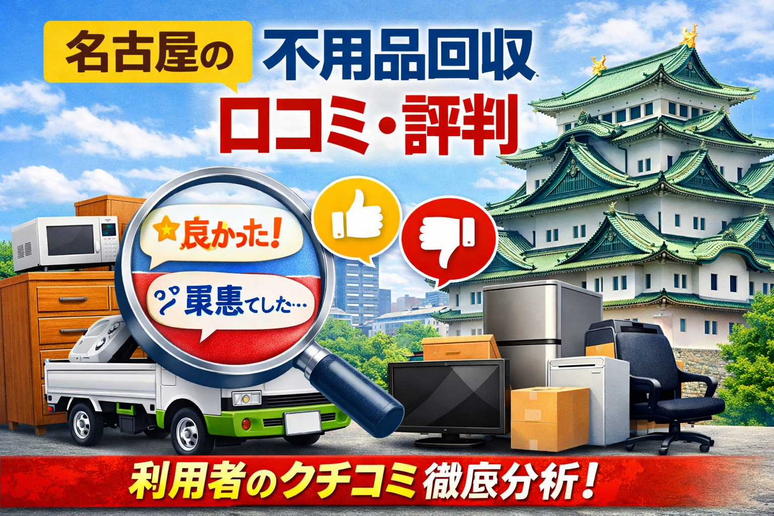 名古屋の不用品回収の口コミ・評判を解説するアイキャッチ画像（名古屋城と不用品、良い口コミと悪い口コミのイラスト）