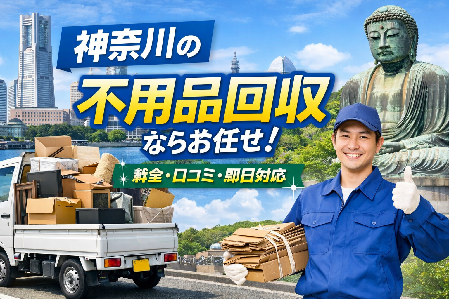 神奈川の不用品回収をイメージしたアイキャッチ画像。横浜の街並みと鎌倉大仏を背景に、不用品を積んだトラックと作業員が写っているデザイン。