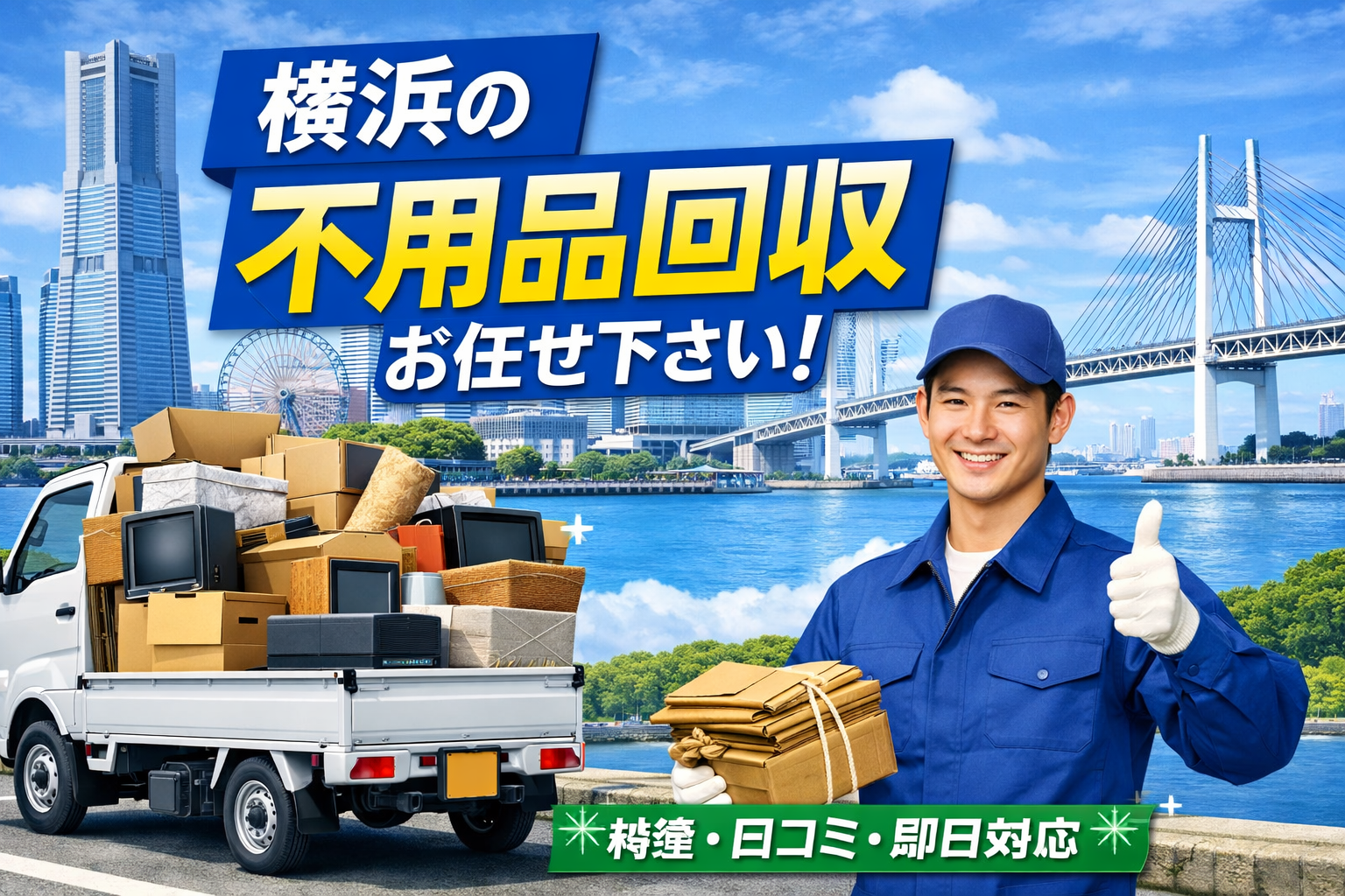 横浜の不用品回収をイメージしたアイキャッチ画像。横浜ランドマークタワーや観覧車を背景に、不用品を積んだトラックと作業員が写っているデザイン