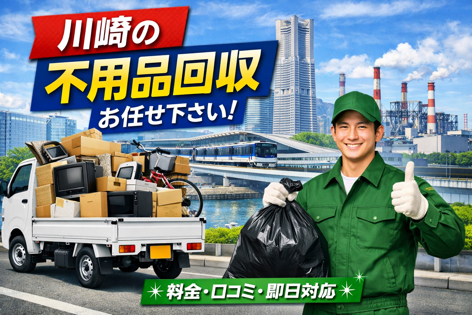 川崎市の不用品回収をイメージしたアイキャッチ画像。川崎の街並みを背景に、不用品を積んだトラックと作業員が写っているデザイン。