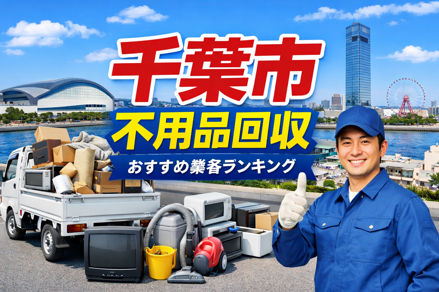 千葉市の不用品回収をイメージしたアイキャッチ画像。幕張メッセや千葉ポートタワーを背景に、不用品を積んだ軽トラックと作業員が写っているデザイン。