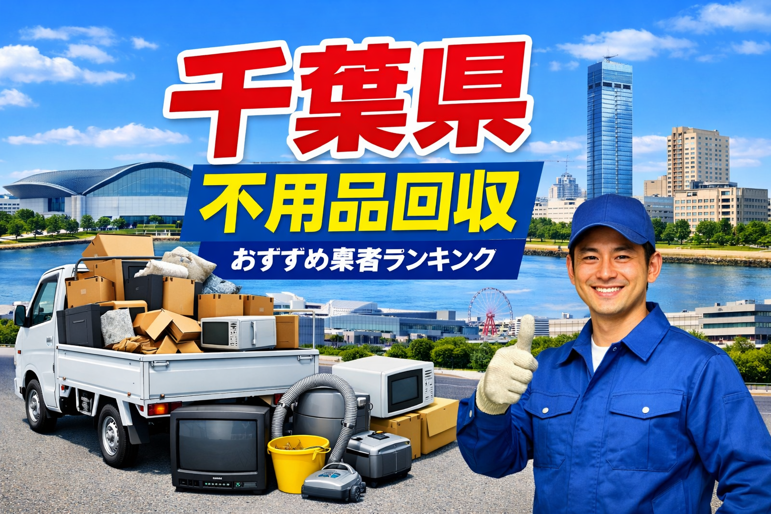 千葉県の不用品回収をイメージしたアイキャッチ画像。幕張メッセや千葉ポートタワーを背景に、不用品を積んだ軽トラックと作業員が写っているデザイン。