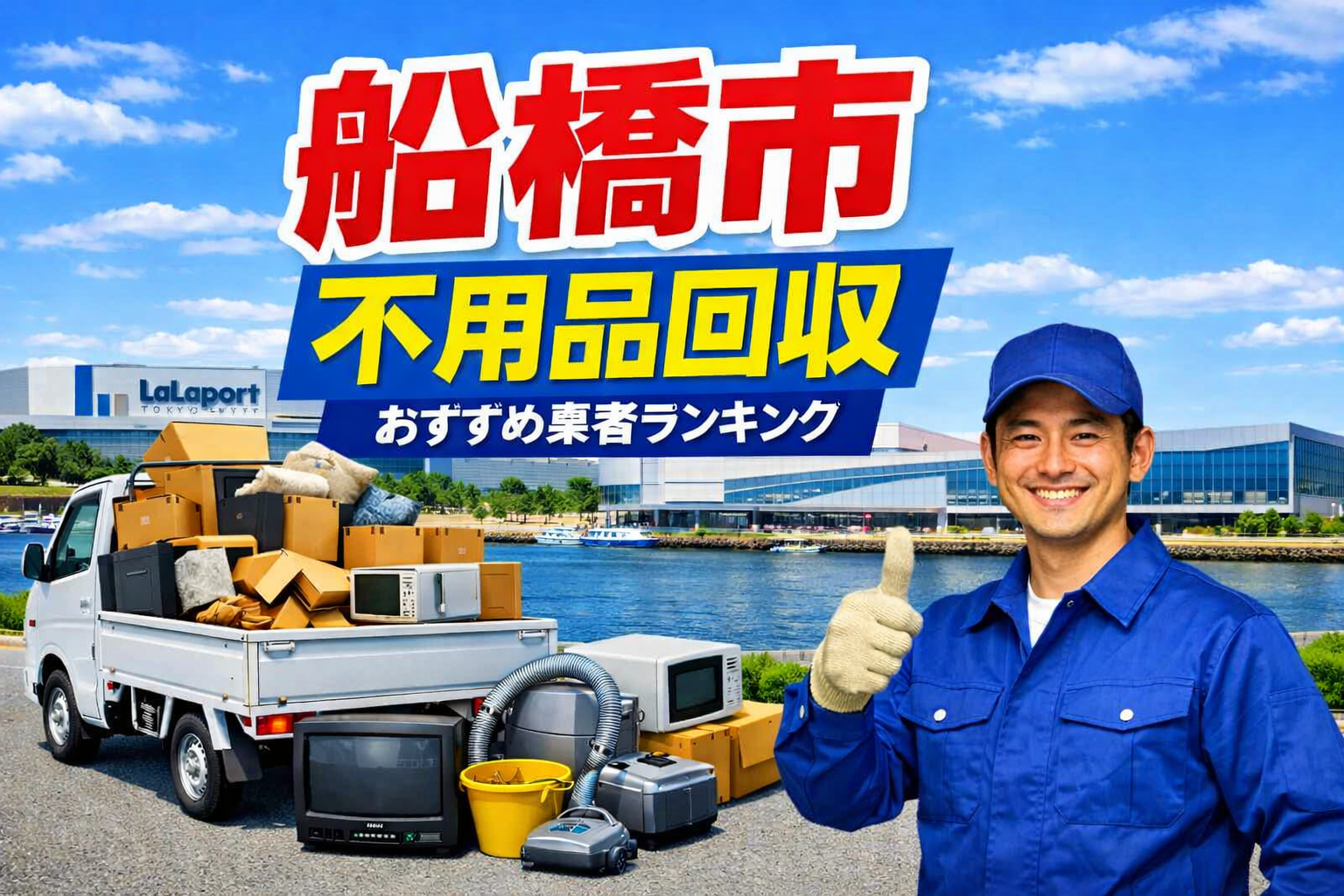 船橋市の不用品回収をイメージしたアイキャッチ画像。ららぽーとTOKYO-BAYを背景に、不用品を積んだ軽トラックと作業員が写っているデザイン。